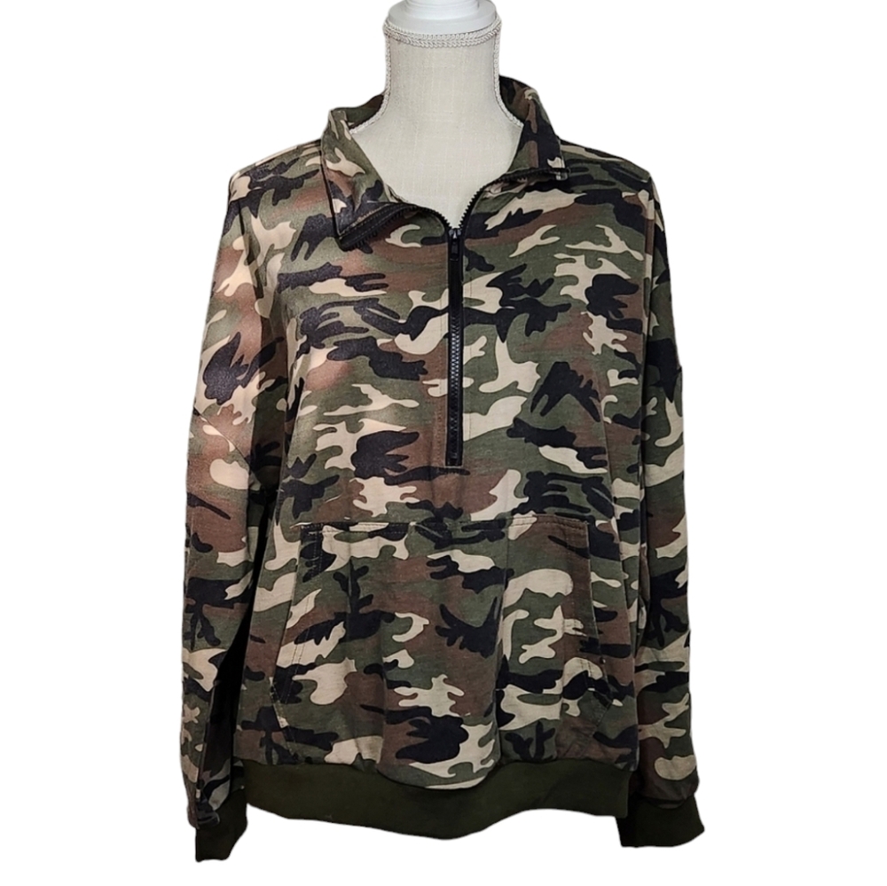 Shein Curve Womens Plus 1XL Camo Half Zip Pullover Long Sleeve Shirt